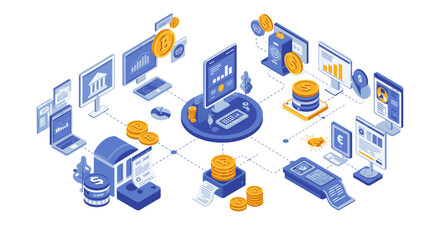 Isometric financial technology vector illustration: digital currency and banking solutions for modern financial management