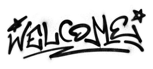 Word ‘Welcome’ written in graffiti spray paint lettering isolated on transparent background