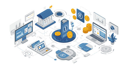Financial technology innovations vector illustration: digital banking system in isometric style