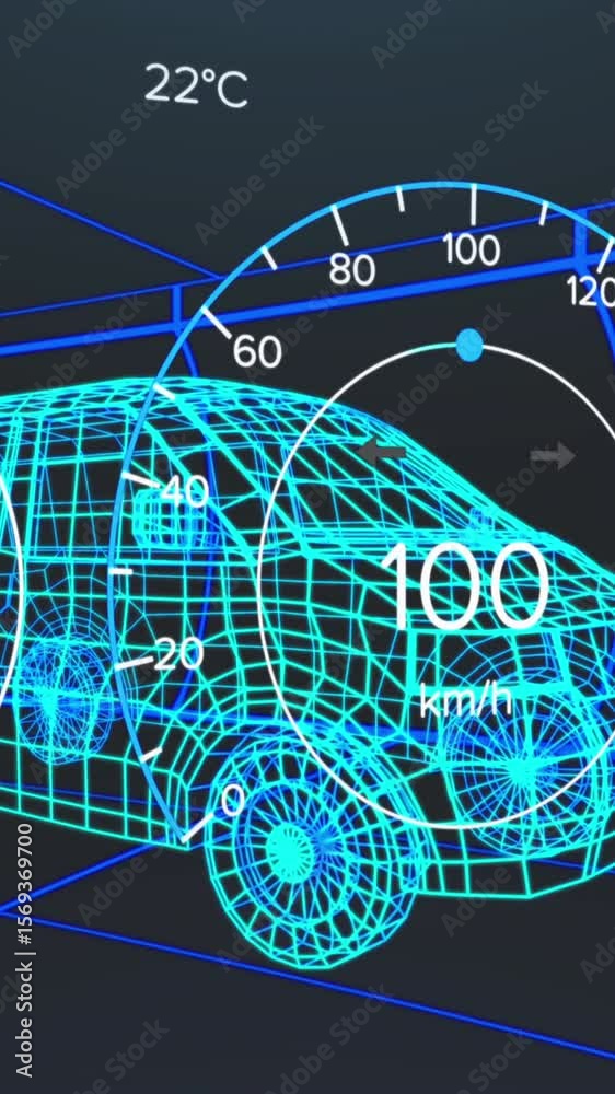 Poster animation of speedometer and data processing over 3d van model against tunnel in seamless pattern