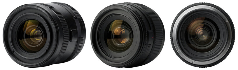 Camera lenses with different focal lengths on transparent background  
