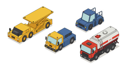 Isometric construction trucks vector illustration for design, cards, and posters