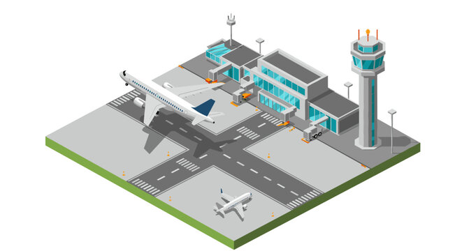 Isometric airport scene with aircraft and control tower vector illustration for design projects