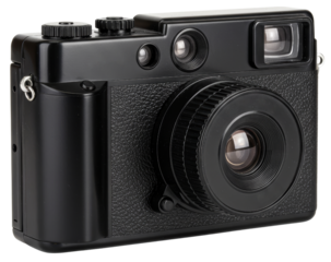 Vintage black camera with textured body and lens on transparent background  