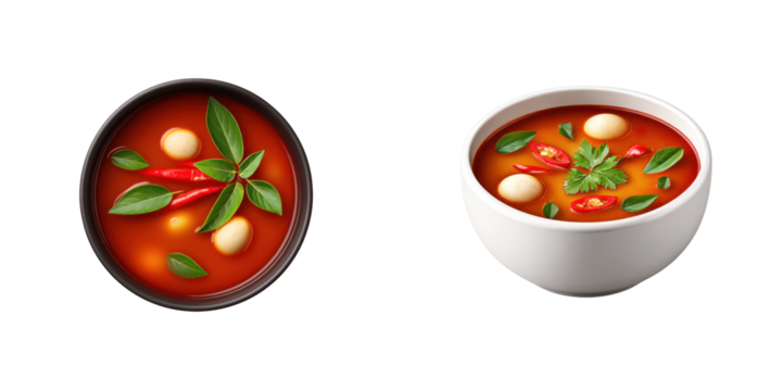 Spicy red soup with chili, herbs, and quail eggs bowls, showcasing vibrant Thai cuisine with fresh ingredients and rich flavor