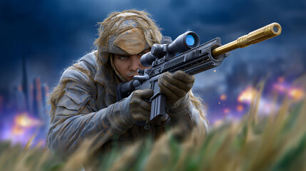 Fototapeta premium Soldier focuses intently while aiming sniper rifle in dramatic battlefield setting. Background features blurred explosions and chaotic action. Concept of military strategy, gaming, defense