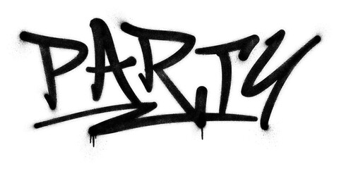 Word ‘Party’ written in graffiti spray paint lettering isolated on transparent background