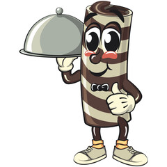 cute chocolate wafer roll mascot cartoon vector illustration be the waiter who carries the lid, funny dessert character in striped snack design for kids and food packaging, work of hand drawn