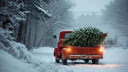Red truck transporting Christmas tree through snowy winter landscape   - Powered by Adobe
