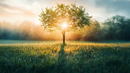 Fototapeta premium Lone tree at golden hour in sunlit field for nature landscape photography and environmental serenity background concept