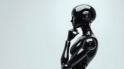 An artificial intelligence ponders the future with a thoughtful pose, presenting the sleek design of a robot woman against a minimalist backdrop