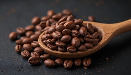 Raw cocoa beans in wooden spoon, isolated on black.

