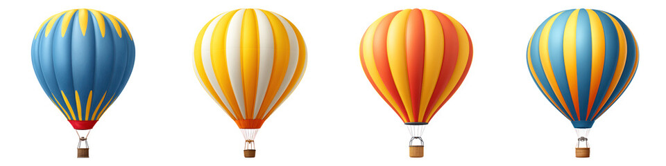 Fototapeta premium Hot air balloon set with colorful striped patterns floating isolated transparency background for travel and adventure concept