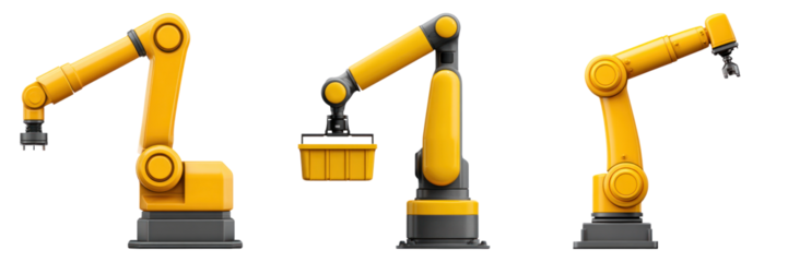 Robotic arm with yellow and black parts holding container and tool for factory automation and assembly tasks