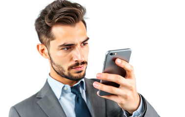 Businessman in Suit Engaged with Smartphone, Focused Expression, White Background, Modern Technology Use in Professional Environment, Close-up Shot