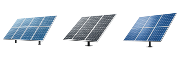Solar panel array with three sets of blue and black photovoltaic modules for renewable energy generation and clean technology