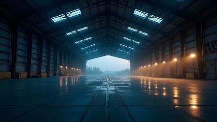 A serene dusk scene set with in a vast dimly lit artif,  light at the airport, light trails on the bridge ,light trails in the city