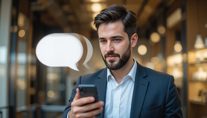 Businessman using smartphone to communicate in modern office with chat bubbles depicting conversation and engagement
