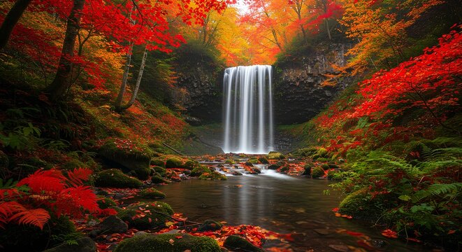 Autumn Waterfall in a Lush Forest