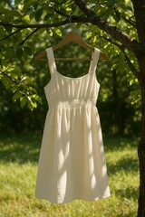 White sundress hanging on a wooden hanger under a tree in a sunlit garden