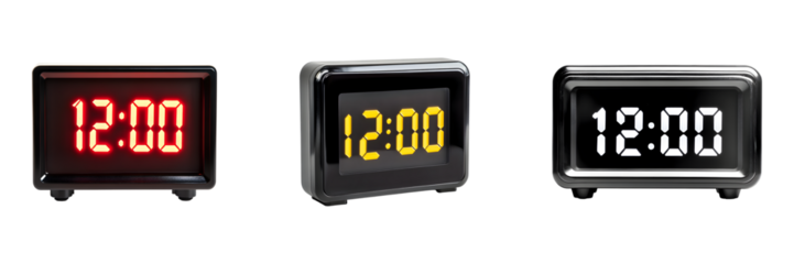 Set of Digital alarm clock displaying 12:00 isolated on transparent background, cut out