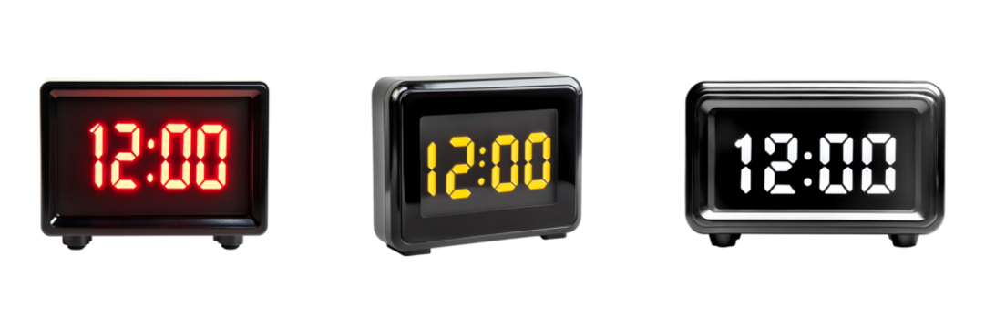 Set of Digital alarm clock displaying 12:00 isolated on transparent background, cut out
