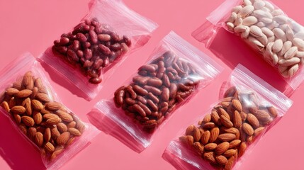 Vacuum sealed nuts and seeds in transparent plastic bags over pink background for healthy snack product packaging