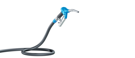 Fuel dispenser in blue, with a black hose, isolated on transparent background. 3D illustration