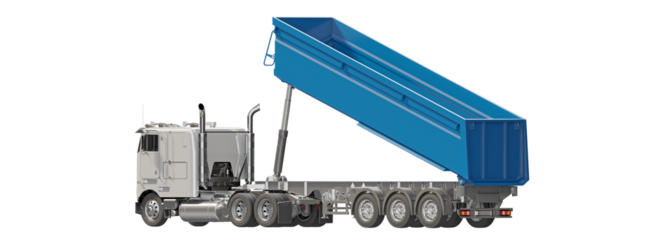 Dump truck (dumper) with lifted cargo body isolated on transparent background. Orthogonal back view. 3D illustration