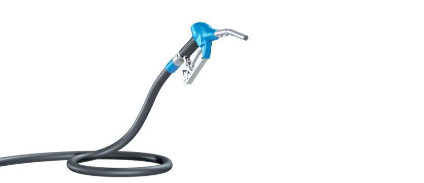 Fuel dispenser in blue, with a black hose, isolated on transparent background. 3D illustration