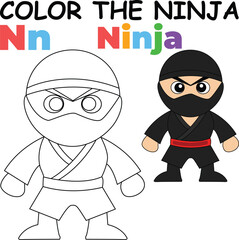 N for Ninja Coloring Worksheet for Preschool – AI Inspired Concept Hand Drawn Vector in Illustrator