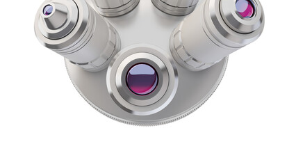 View from the microscope stage looking up toward the objective lens. Isolated on transparent...
