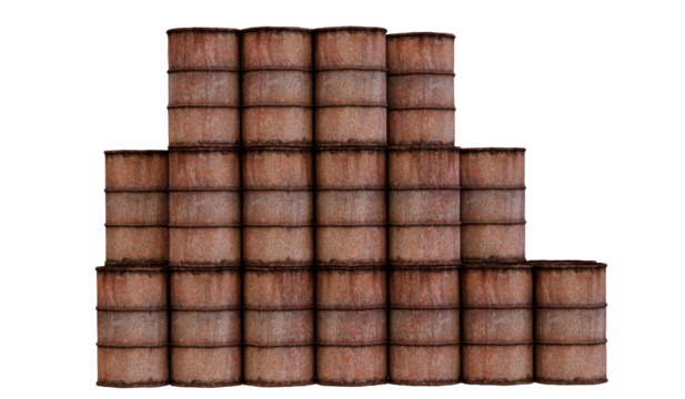 Stack of rusty oil drums isolated on a transparent background. 3D illustration.