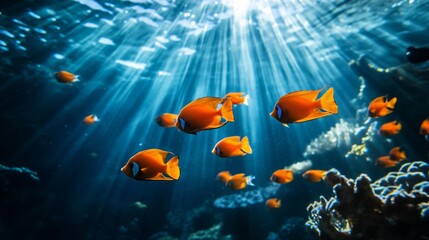 Fototapeta premium Underwater scene with tropical orange fish swimming in blue ocean light rays aquatic wildlife photography concept