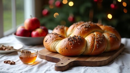 Freshly baked challah bread with honey and apples on wooden board  for Jewish holiday