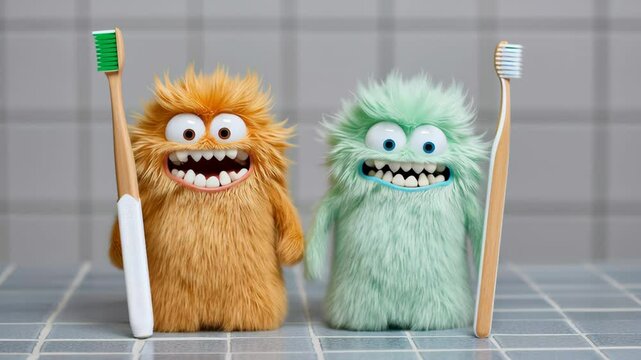 Two fuzzy monsters with toothbrushes in their mouths. One is green and the other is orange