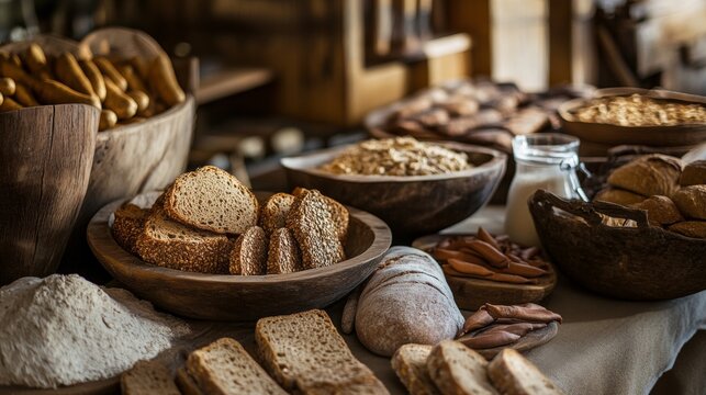 Rustic bakery interior with baskets full of freshly baked bread loaves and natural lighting cozy atmosphere