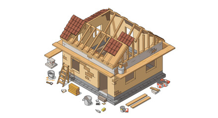 Isometric construction of house with exposed framework vector illustration for architectural design