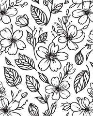 Black and white seamless floral pattern with delicate line art flowers and leaves