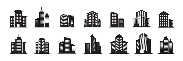 Modern Buildings vector icon set. Real estate and urban city building icons collection, black silhouette illustration.