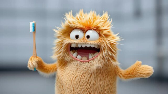 Cartoonish creature with a toothbrush in its mouth. The creature is smiling and he is happy
