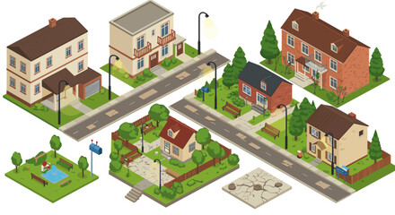 Isometric suburban neighborhood vector illustration - residential street scene for design projects