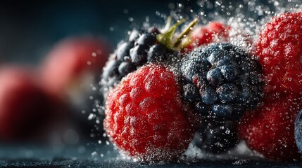 Macro shot of frosty blackberries raspberries with water droplets fresh fruit close up vibrant texture