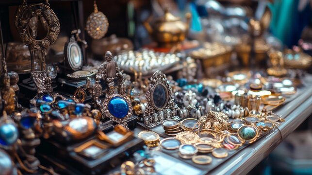 Traditional jewelry and vintage trinkets displayed on stall table at market with decorative lighting