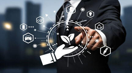 Businessman Using Touchscreen to Access Sustainable Technology and Eco-Friendly Solutions with...