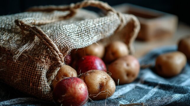 Sack of potatoes on rustic fabric background with burlap texture organic harvest market concept