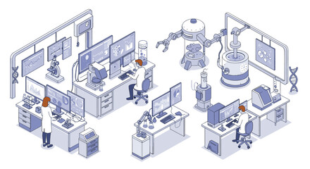 Obraz premium Isometric laboratory scene vector illustration for scientific research and technology design projects
