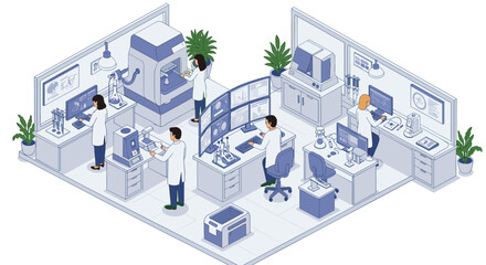 Naklejka premium Scientific research lab with researchers and technology in isometric vector illustration for educational and technological design