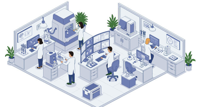 Scientific research lab with researchers and technology in isometric vector illustration for educational and technological design