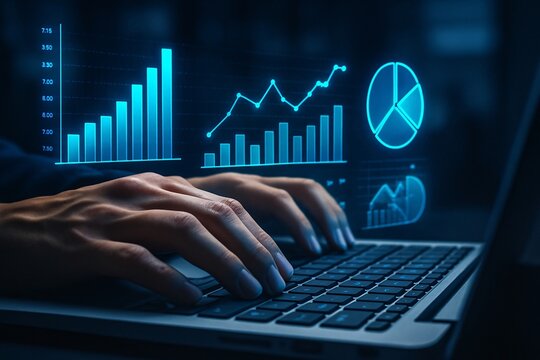 Hands typing on laptop displaying glowing blue financial data and charts